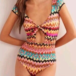 Boden | Multi Ikat Cap Sleeve Tie Front One Piece Swimsuit Size 10